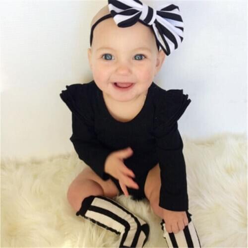 3Pcs Baby Girl Clothes Set Cute Black Bodysuit + Stripe Long Socks + Headband Newborn Baby Girls Clothing Outfits