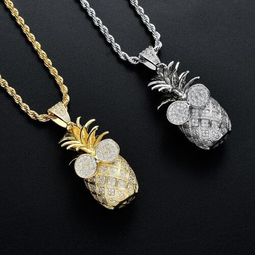 Freewear Hip Hop Micro Paved Cubic Zirconia Bling Iced Out Pineapple Fruit Pendants Necklace Women Men Rapper Jewelry Gifts Gold