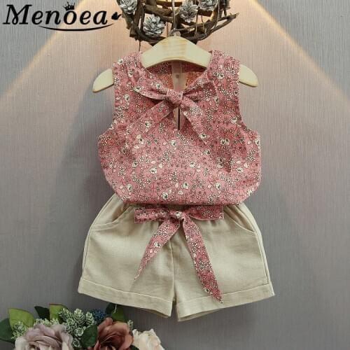 Menoea 2020 Brand Girls Floral Clothing Sets Girls Kids Clothing Sets Sleeveless Bow T-Shirt Short pants 2Pcs Clothes Suits