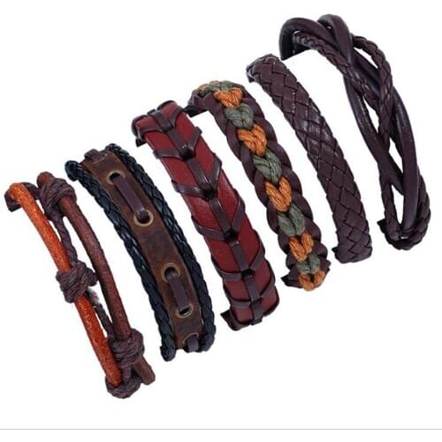 Fashion 6pcs/set Handmade Vintage Bracelet Bangle Female Male Punk Multilayer Charm Men Leather Rope Wrap Bracelet Women Jewelry