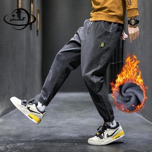 M-4xl Mens Jeans Winter Elastic Waist Ankle-Length Harem Denim Pants Add Wool Warm Hip Hop Thicken Male Trousers Clothes Hy75