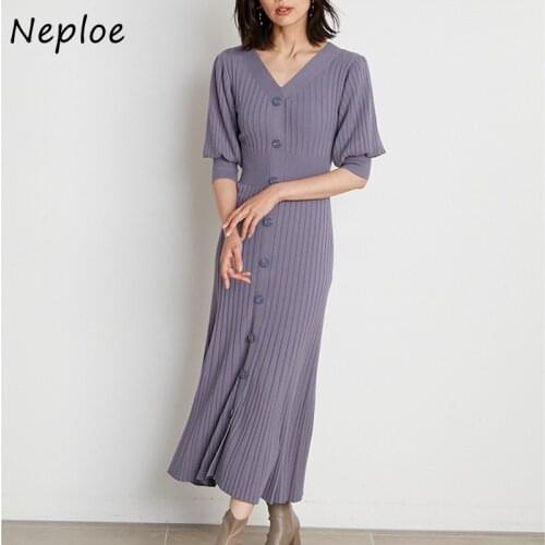 Neploe 2021 Autumn New Knit Dresses V Neck Solid Puff Sleeve Slim Knitted Mermaid Vestidos Japan Style Sexy Women Robes