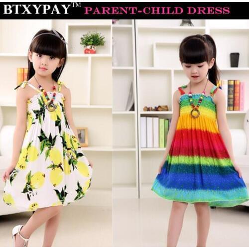 2019 Summer Mother&Daughter Parent-child Sling Dress Kids Girl Family Matching Outfits Women Bohemian Beach Strap Dress+Necklace