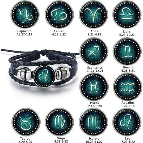 Drop Shipping Classic Jewelry Zodiac Bracelets Charm Constellation Glass Dome Buckle Black Multilayer Leather Bracelet Best Gift