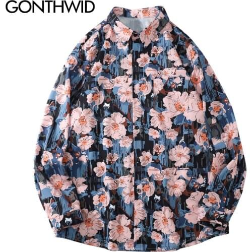 GONTHWID Shirts Hip Hop Harajuku Graffiti Flowers Floral Print Long Sleeve Shirt Men Fashion Casual Loose Button Streetwear Tops