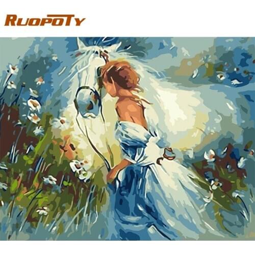 RUOPOTY Frame Diy Painting By Numbers Kits Girls And Horse Animals Wall Art Picture By Numbers For Home Decors Artwork 60x75cm