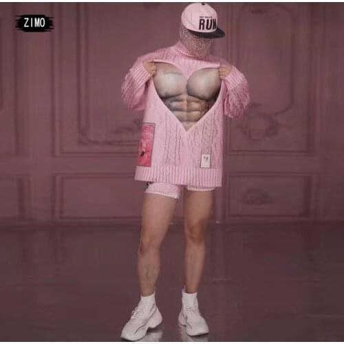 Sexy man pink muscle spandex stretch suit jazz nightclub bar outfits concert DJ GOGO DS singer dancer performance costume rave
