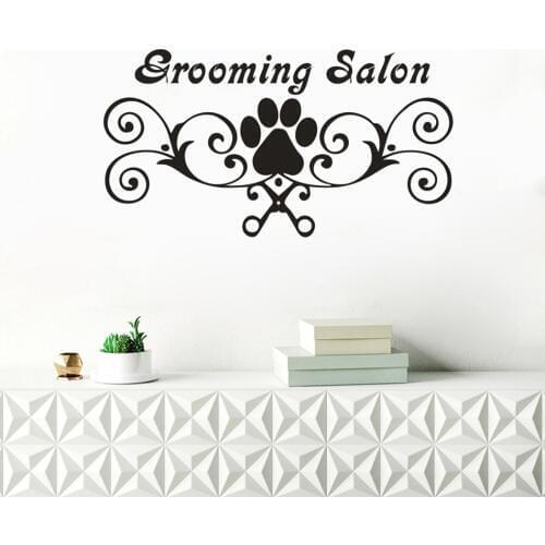 Grooming Salon Sign Wall Decals Dog Paw Print Vinyl Poster Pet Shops Decor Pets Grooming Scissor Wall Art Sticker Pet Shop AZ569