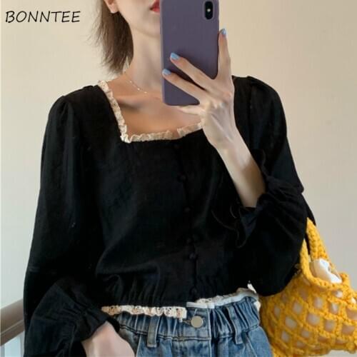 Shirts Women European Style Square Collar Solid Fashion Slim Ladies Crop Top Elegant Spring Student Large Size Clothing Stylish