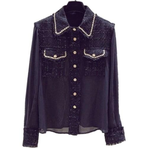 2021 Fashion Designer Tweed Patchwork Chiffon Shirt Blouse Women Vintage Long Sleeve Gold Chain Pearls Weave Tassels Pocket Tops