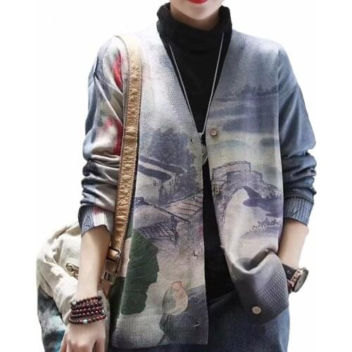 2021 Plus Size Streetwear Cardigans Ladies Vintage Knitwear Womens Floral Printed Sweaters Printing New Dames Vesten Lange Mouw