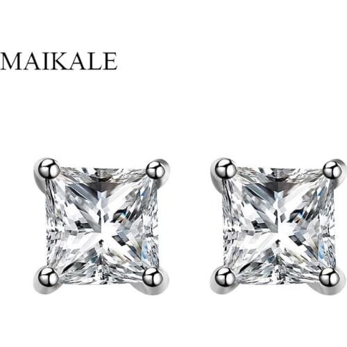 MAIKALE Simple Square Cubic Zirconia Stud Earrings for Women Gold Colorful 4 Claws CZ Small Earrings Korean Earrings Gift