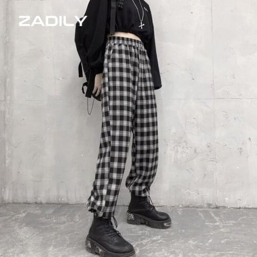 ZADILY Y2K Street Sytle Elastic Waist Straight Pants Harajuku Plaid Printing Tie feet Women Long Pant 2021 Summer Trousers
