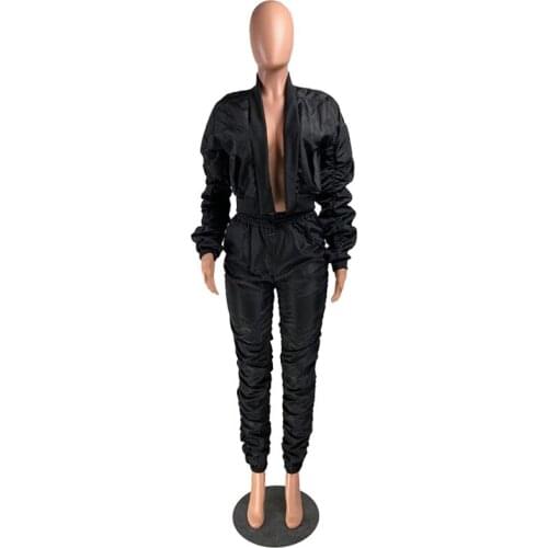 Two Piece Stacked Pants Set Women Runway Joggers Outfits 2021 Fashion Long Sleeve Cropped Jacket And Ruched Sweatpants Female