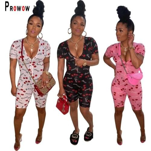 Prowow Summer Women Playsuits Sweet Cherry Pattern Print Bodycon Zipper V-neck Sexy One Piece Romper Female Outfits Jumpsuits