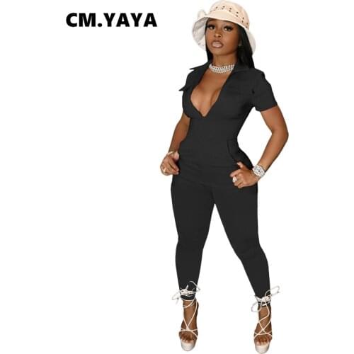 CM.YAYA Women Jumpsuit Solid Short Sleeve Zip Pockets Stretchy Bodycon Pencil Jumpsutis Fashion One Piece Overalls Summer Outfit