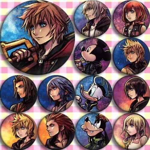 13pcs/1lot Anime Kingdom Hearts Sora Riku Kairi Ventus Figure 4865 Badges Round Brooch Pin Gifts Kids Toy