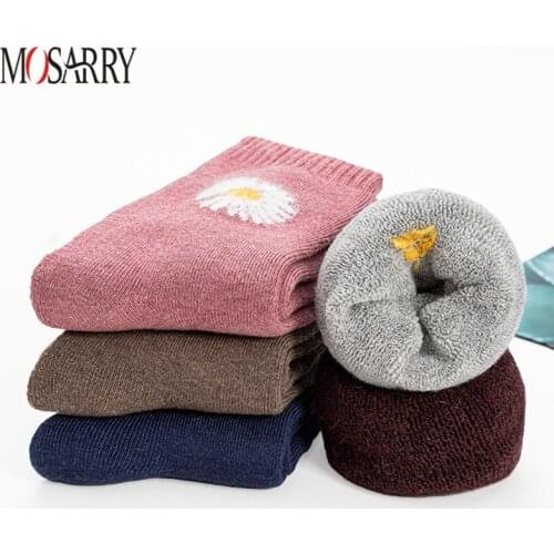 [3 Pairs] Winter Womens Socks Cotton Keep Warm Thicken Therma Embroidery Daisy Ladies Crew Socks Autumn Female Knitted Socks