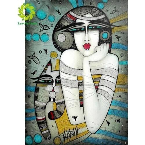 Diamant Painting 5D DIY Diamond Painting Full Pebble round Drill "Lady & cat" Embroidery Cross Stitch gift Home Decor Gift