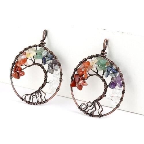 Antique Brass Wire Wrapped Chakra Reiki Healing Crystal Beads Tree of Life Pendant Wholesale Charms Vintage Jewelry Women Men