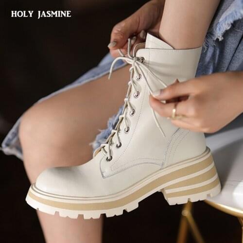 Womens Boots Autumn 2021 New British Style Genuine Leather Womens Ankle Boots Thick-soled Lace-up Shoes Women Platform Boots