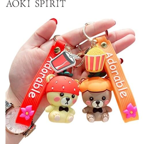 New Creative Fruit Animal Keychain PVC 3D Watermelon Pumpkin Strawberry Hat Bear Pendant Mobile Phone School Bag Pendant Gift
