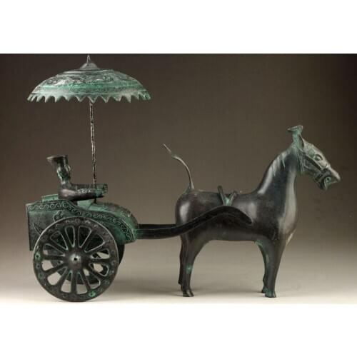 Decoration bronze factory Pure Brass Antique Old Vintage Collection Handmade Old Bronze Vivid Unique Horsedrawn Wagons Statue