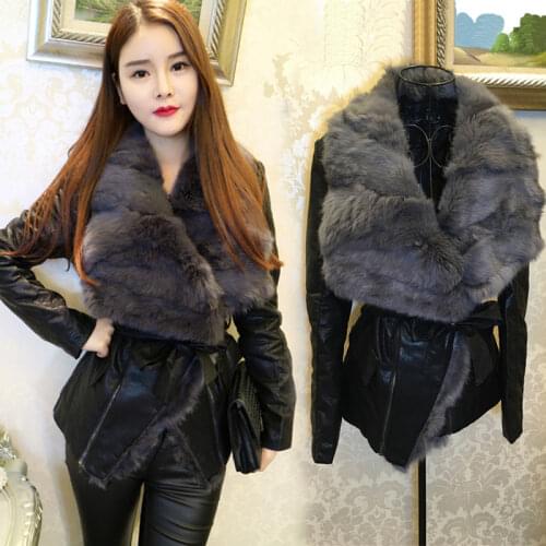 Elegant Real rabbit Fur collar Faux leather jacket Winter Women black biker PU Jacket Thick Warm Faux Fur Coat With Thicken PY47