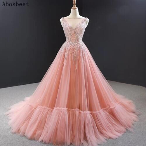 Elegant Chapel Ttain A Line Puffy Evening Dress Long 2021 Beading Top Fashion V Neck Soft Tulle Long Formal Evening Prom Gown