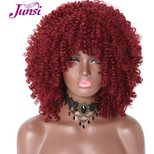 JUNSI Hair Ombre Grey Short Curly Hair Wine Red Afro Wig Soft Beauty Synthetic Hair Wig