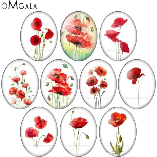 Beautiful Red Flowers Patterns 10pcs 13x18mm/18x25mm/30x40mm Oval photo glass cabochon demo flat back Making findings