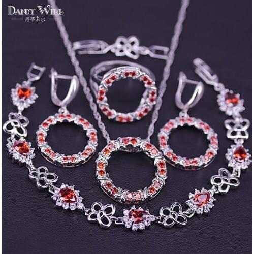 Round Fashion Jewelry Sets For Women Silver Color Red Wine White CZ Necklace Pendant Earrings Rings Bracelets Set