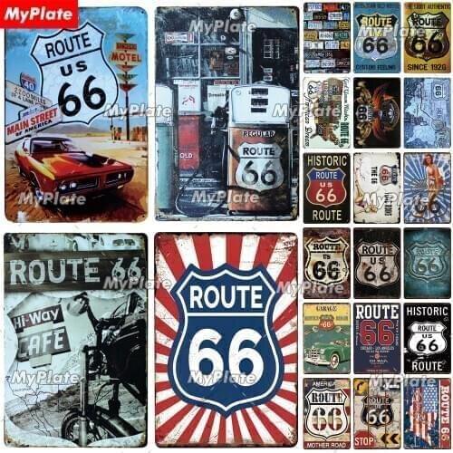 ROUTE66 Metal Sign Vintage Plaque Motorcycle Tin Sign Wall Decor For Garage Bar Metal Crafts Retro History Mother Road Poster