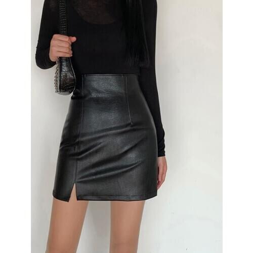 Black Faux Leather High-Waisted Y2k Womens Mini Skirt Woman Harajuku Short Female Split Sexy Pu Pencil Skirts Lady Trendy 2020