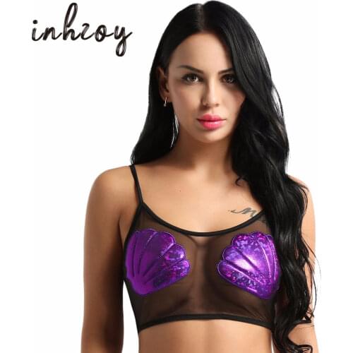 Fashion Women Black Mesh Splice Shiny Seashell Sexy Crop Tops Club Party Festival Rave Stage Performance Pole Dance Costume