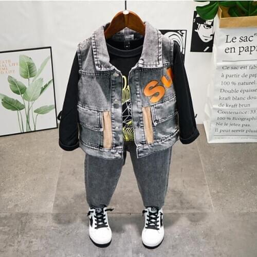 New Boys costume set spring&autumn Boys Jeans vest,Dinosaur T-shirt and jeans 3 piece Sets Boys clothes suit Boys sets 2-7Year