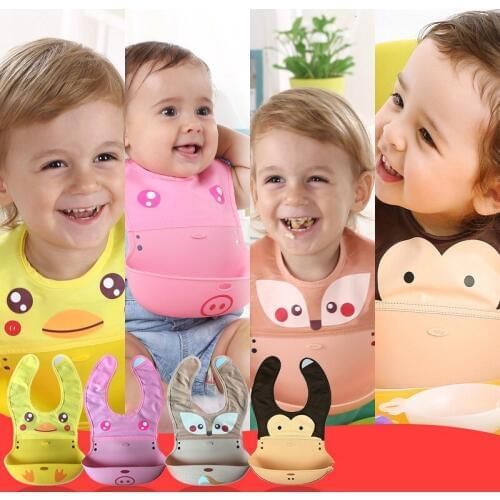 New Cartoon Silicone Baby Bibs Waterproof Toddler Kids Foldable Food Bib Baby Feeding Stuff Burp Cloth Unisex Bibs Apron Baberos