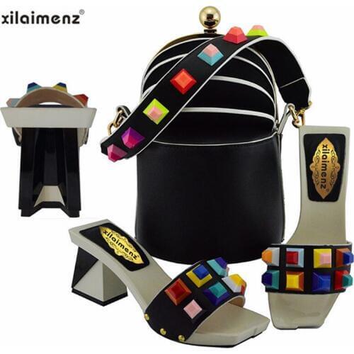 2019 New Design Matching Nigerian Shoe With Matching Bag For Party African Wedding Shoes And Bag Set in Black Color