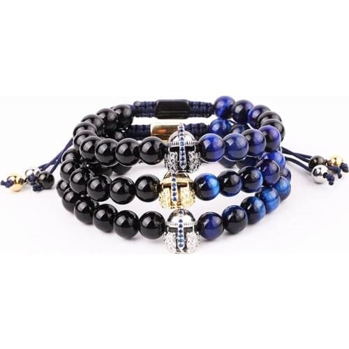 New Design Natural Stone Beads Blue Tiger Eye Helmet Charm Macrame Adjustable Bracelet Men