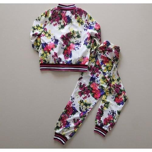 Casual Sport Women Runway Fashion Spring Autunn Striped Flower Print Jacket+Full-Length Pants 2 Pieces Sets