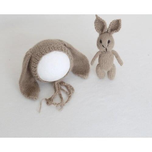 Fluffy Bunny Toy and Hat Set Newborn Photography props Knit Fuzzy Teddy Bunny Bonnet Crochet Stuffed Animal Rabbit Doll Hat