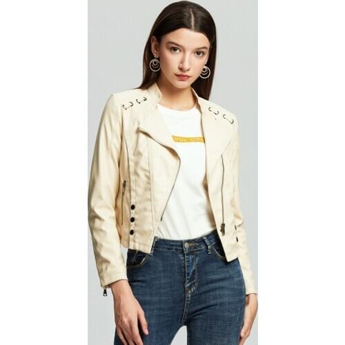 2020 Spring and Autumn New Womens Slim Lapel Faux Leather Zip Up Power Shoulder Classical Bomber Moto Jacket