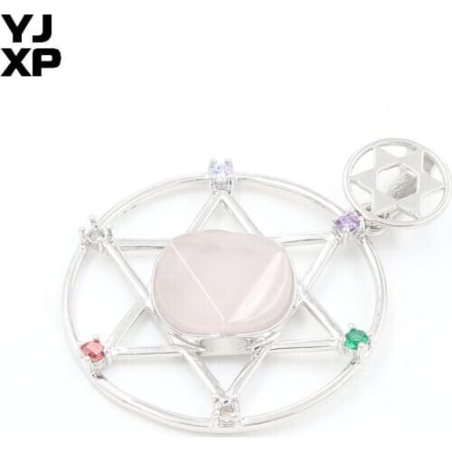 YJXP Silver Plated Plated Star of David with Rhinestone Pendant Natural Rose Pink Quartz Meditation Jewelry