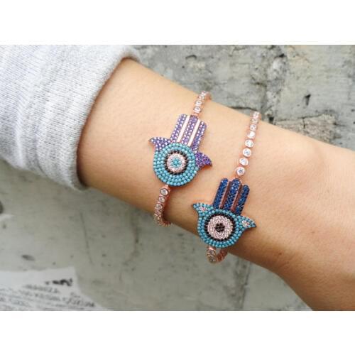 2019 Fashion Style rose gold color AAA cubic zirconia pave turquoises hamsa hand girl tennis bracelet