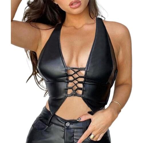 Sexy Punk Y2K Black Leather Crop Top Womens Hollow Backless camisole 2021 Summer Vest Fashion Club Party Wear Tanks Tops