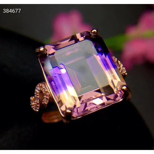 Certificate Natural Ametrine Quartz Purple Yellow Faceted Women Adjustable Ring 12*14mm Rectangle Bead Rare Gift AAAAAA