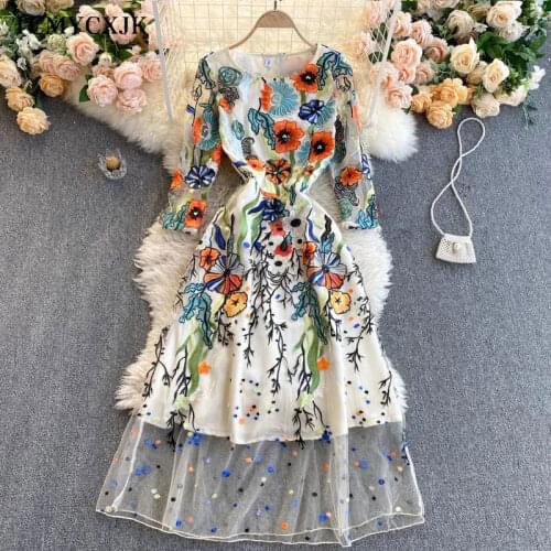 2021 Summer Women Luxury Embroidery Mesh Dress High Quality Long Dress Elegant Wedding Party Robe Femme Vintage Designer Vestido