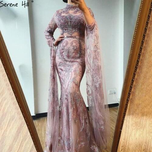 Serene Hill Dubai Pink Luxury Beaded Evening Gown 2021 Modest High Neck Long Sleeves For Muslim Formal Party Dress CLA70595