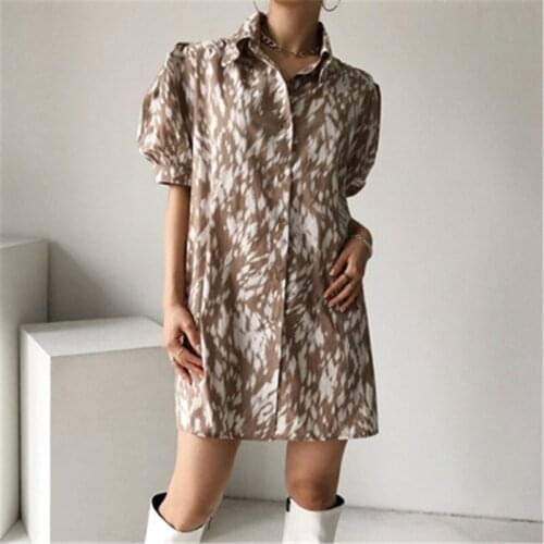 Vintage Zebra Womens T-shirt Dress Korean Casual Puff Sleeve Botton Mini Dresses Summer 2021