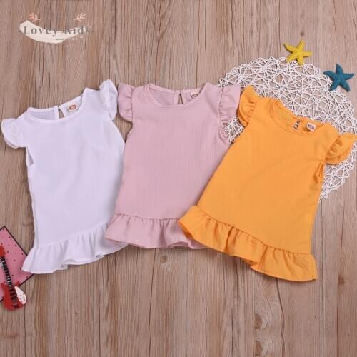 2020 Baby Girl Solid Mini Dress Summer Infant Casual Princess Gown Fly Sleeve Ruffle Party Chiffon Soft Dresses 1-6T Clothing